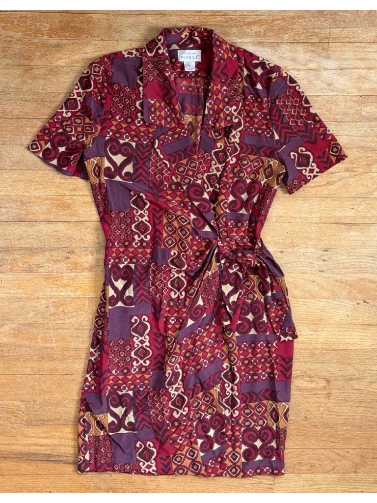 Vintage Geometric Print Silk Wrap Dress Size Small 90s Short Sleeve Frock